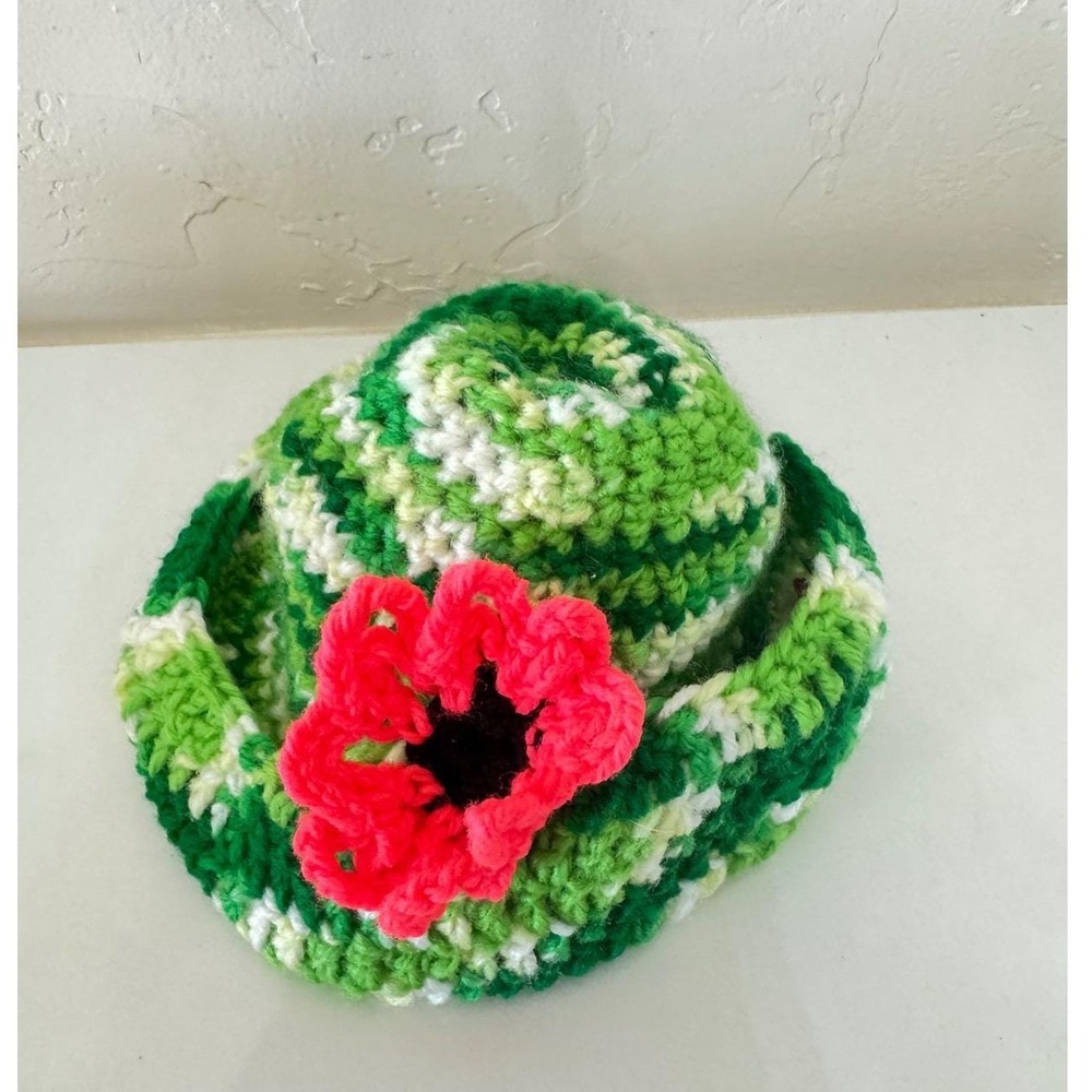 Handmade kids Crochet Bucket Hat Green White Variegated Pink Flower Boho Sun Hat